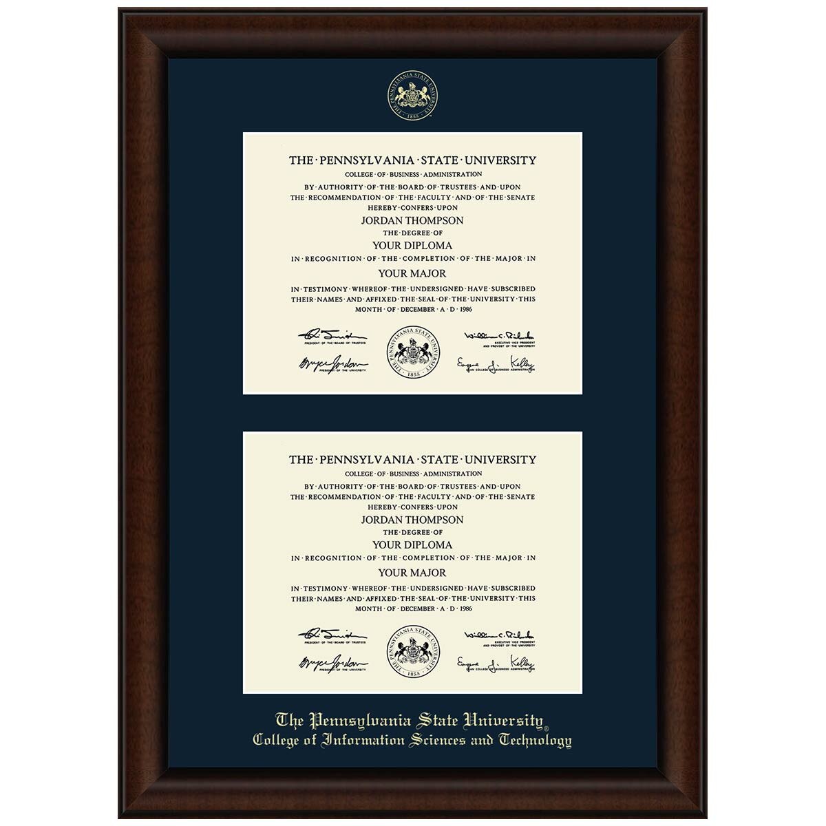 #106 Penn State College of Information Sciences and Technology double diploma frame Lenox (Walnut)